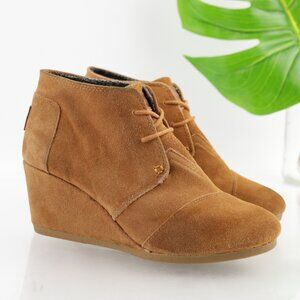 Toms Womens Kala Boots Size 7.5 Camel Tan Suede Wedge Heel Lace Up Desert Bootie